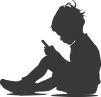 silhouette little boy playing smartphone while sitting vector