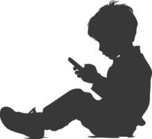 silhouette little boy playing smartphone while sitting vector