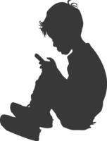 silhouette little boy playing smartphone while sitting vector