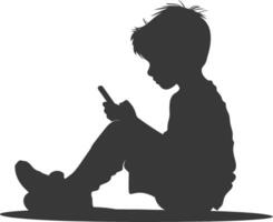 silhouette little boy playing smartphone while sitting vector