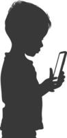 silhouette little boy shows a blank white screen smartphone or tablet vector