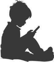 silhouette little boy playing smartphone while sitting vector