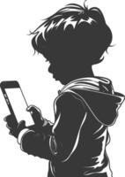 silhouette little boy shows a blank white screen smartphone or tablet vector
