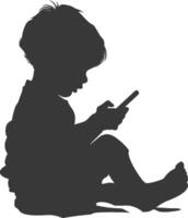 silhouette little boy playing smartphone while sitting vector