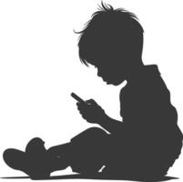 silhouette little boy playing smartphone while sitting vector