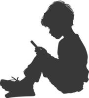 silhouette little boy playing smartphone while sitting vector