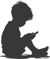 silhouette little boy playing smartphone while sitting vector