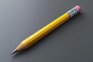 A classic yellow wooden pencil with a sharpened graphite tip and a pink eraser, lying on a dark gray surface photo