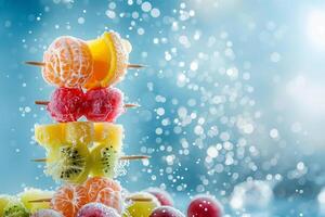 A stunning display of frozen fruit skewers featuring oranges, watermelon, pineapple, kiwi, and grapes, with a sparkling blue bokeh background photo