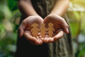 A hand holds a paper cutout of a family inside a heart-shaped house against a garden with sunlight. photo