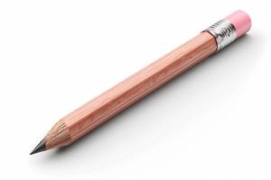 A sharpened wooden pencil with a pink eraser sits on a white background. photo