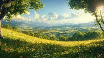 A lush green valley with rolling hills and a winding river, seen through a frame of colorful trees. photo