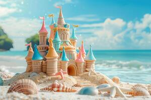 A sandcastle decorated with seashells and a starfish sits on a beach with gentle waves lapping at the shore. photo