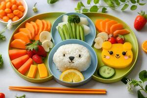 A cute and colorful kids' meal featuring rice shaped like a bear, vegetables, fruits, and cheese in fun shapes, arranged on a segmented plate photo
