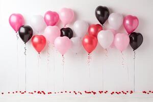A row of pink, white, and black heart-shaped balloons against a white wall. The balloons are all different sizes and shapes, and they are tied together with a string. photo