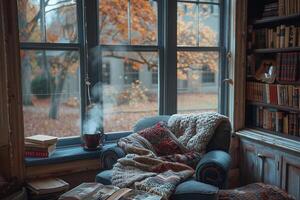 A comfy armchair with a fluffy blanket sits invitingly next to a large window. A cup of coffee with sunlight streams through the window. photo