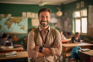 A teacher smiling working in a class at elementary school with learning students on background photo