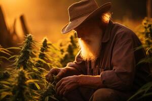 Old man in various settings with Cannabis field with sunlight photo