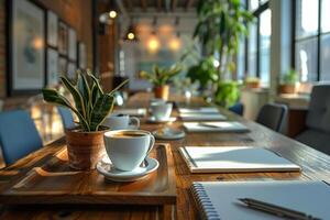 Sunlit office meeting room with coffee cups, notebooks, and potted plants on a wooden table. photo