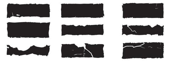 Torn paper frames with jagged edges. Black ripped paper sheet with scratch. Grunge frame collection for sticker, collage, banner. Illustration of rough shapes as retro design templates. vector