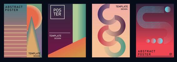 Abstract gradient poster background set. Minimalist style cover template with vibrant perspective 3d geometric prism shapes collection. Ideal design for social media, cover, banner, flyer. vector