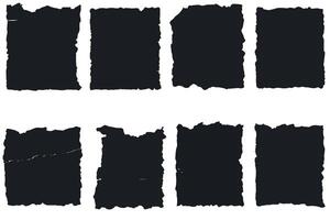 Torn paper frames with jagged edges. Black ripped paper sheet with scratch. Grunge frame collection for sticker, collage, banner. Illustration of rough shapes as retro design templates. vector