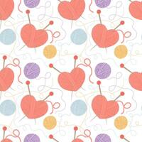 Seamless pattern with balls of yarns and heart shaped yarns for knitting vector