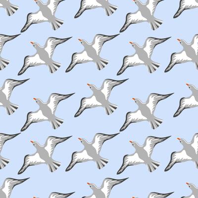 Seamless pattern with hand drawn flying seagulls. Seabirds. Concept of sea and ocean life