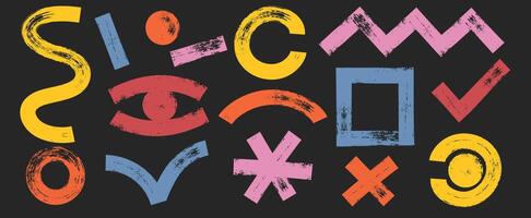 Collection of colorful charcoal graffiti various geometric shapes. Bold marker brush drawn curved doodle elements for templates and collages. Punk and grunge style. vector