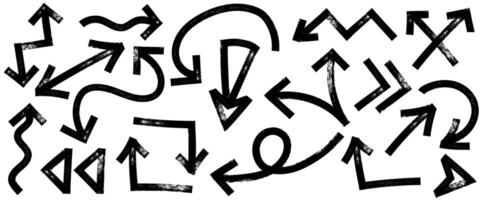 Brush, marker drawn bold arrows set. Collection of hand drawn doodle thick arrows in different directions. vector
