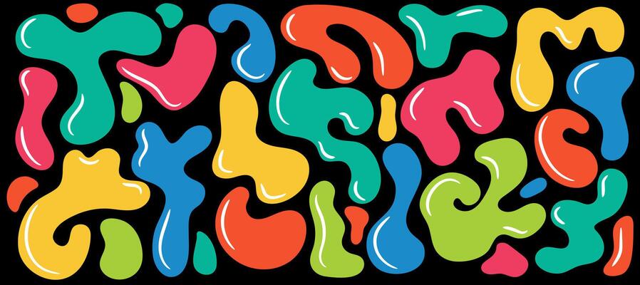 Set of colorful liquid abstract organic blob shapes. Wavy bubbles and drops in trendy y2k style