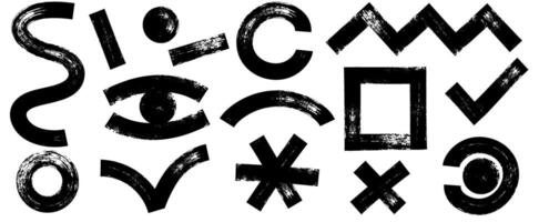 Collection of black charcoal graffiti various geometric shapes. Bold marker brush drawn curved doodle elements for templates and collages. Punk and grunge style vector