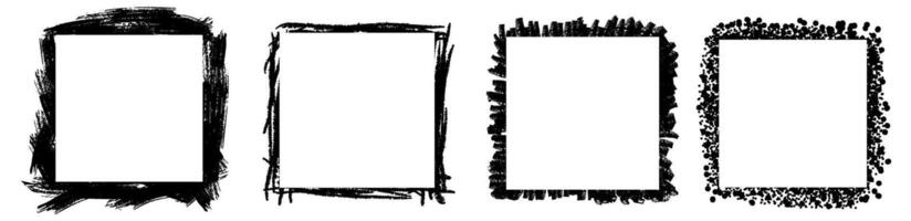 Set of stylish black grunge frames different shapes. Square brush stroke borders. Urban street graffiti style with splash effects and drops vector