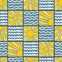 Seamless pattern with groovy retro abstract suns and waves. Organic doodle shapes in trendy naive hippie 60s 70s style. Great for textile, fabric, wallpaper, wrapping, scrapbook and packaging vector