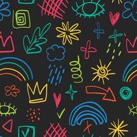 Seamless pattern with charcoal doodle shapes. Childish or funny sketches. vector