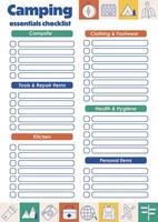 Camping packings checklist. Travel essentials list. Packing checklist for road trip, camping. Journey, vacation, active tourism. For travel guide, active tourists. Packing must haves for wandering. vector