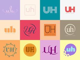 UH logo company template. Letter u and h logotype. Set different classic serif lettering and modern bold text with design elements. Initial font typography. vector