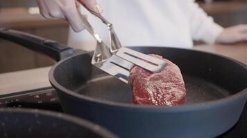 Close up of woman female cook putting ribeye on frying pan with non stick coating. Action. Preparing raw meat steak at home in the kitchen. video