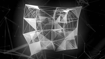 3D cube of geometric lines. Motion. Polygonal cube with lines and triangles. Geometric cube with lines and shapes in mathematical space video