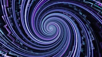 Rotating hypnotic spiral with bright stripes. Design. Beautiful rotating spiral with hypnotic effect. Bright neon lines in futuristic style twist into spiral video