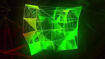 Linear construction in geometric cube. Motion. Colorful lines are assembled into cube in 3D projection. Colorful cube of lines and triangular connection video