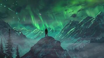 illustration of a beautiful view of the aurora and mountains with the silhouette of a climber and adventurer. video