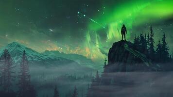 illustration of a beautiful view of the aurora and mountains with the silhouette of a climber and adventurer. video
