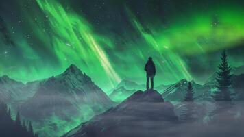illustration of a beautiful view of the aurora and mountains with the silhouette of a climber and adventurer. video