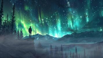 illustration of a beautiful view of the aurora and mountains with the silhouette of a climber and adventurer. video