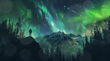illustration of a beautiful view of the aurora and mountains with the silhouette of a climber and adventurer. video