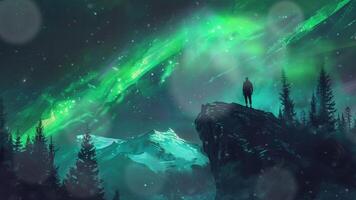 illustration of a beautiful view of the aurora and mountains with the silhouette of a climber and adventurer. video