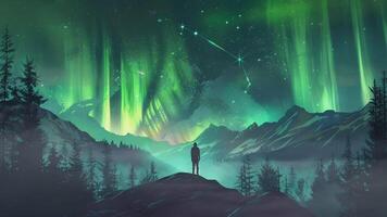 illustration of a beautiful view of the aurora and mountains with the silhouette of a climber and adventurer. video