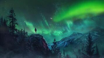 illustration of a beautiful view of the aurora and mountains with the silhouette of a climber and adventurer. video