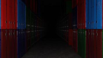 Moving through the rows of cargo shipping metal containers at the warehouse, seamless loop. Design. Beautiful endless abstract container boxes of contrasting colors. video